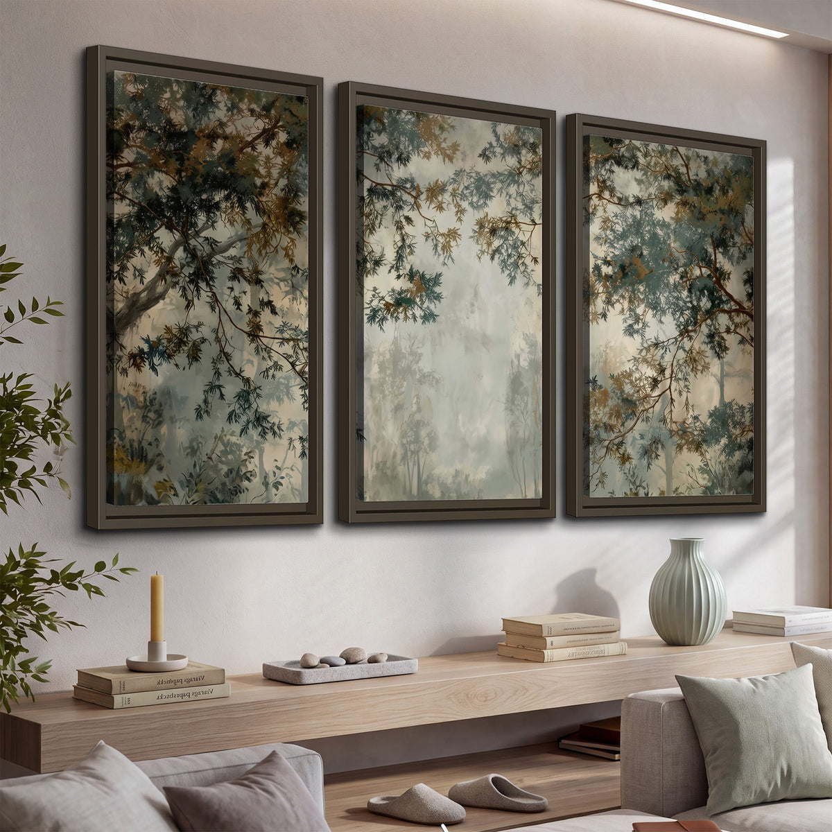 Overhanging branches framing a misty woodland clearing 3 piece framed canvas wall art displayed in a console