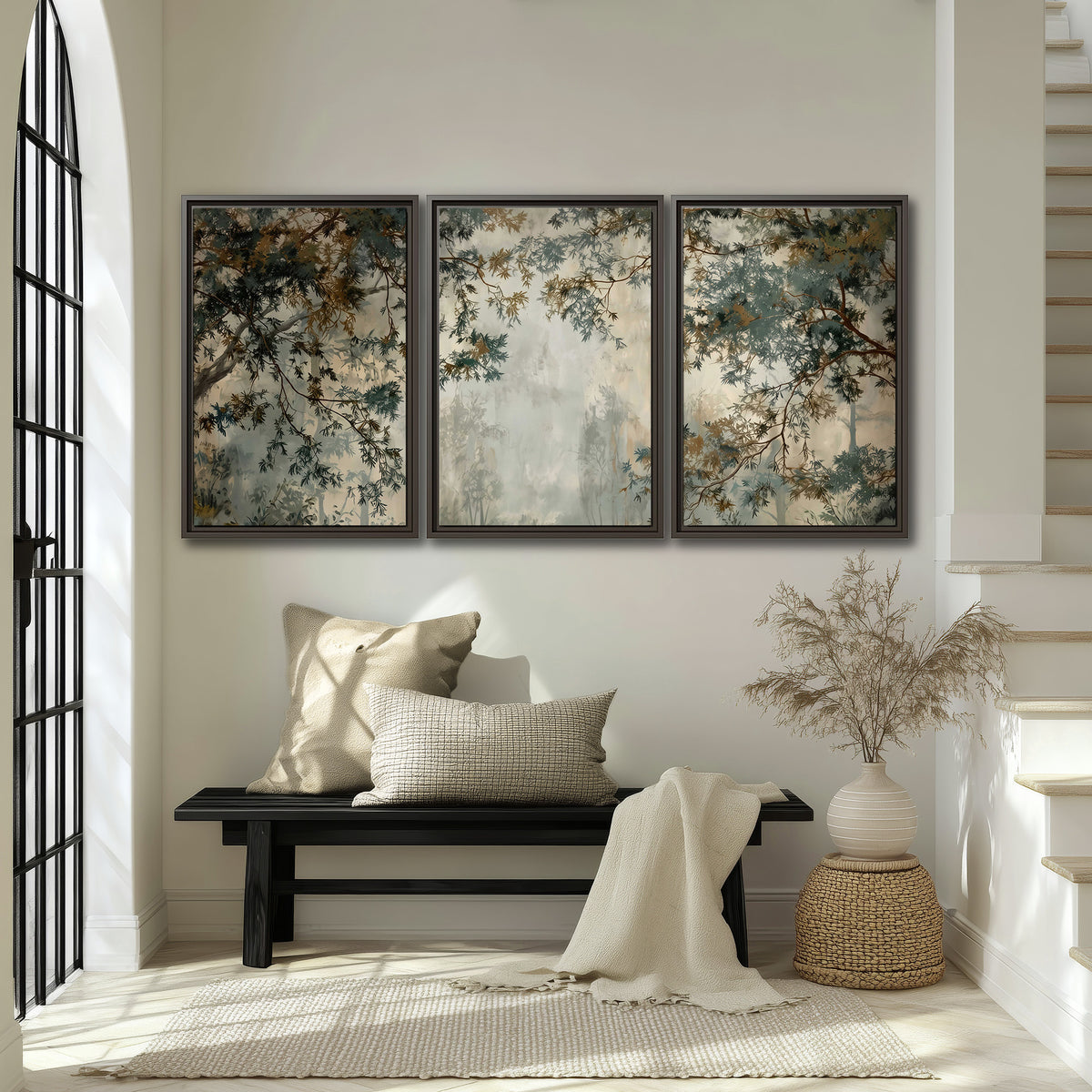 Overhanging branches framing a misty woodland clearing 3 piece framed canvas wall art displayed in a entryway
