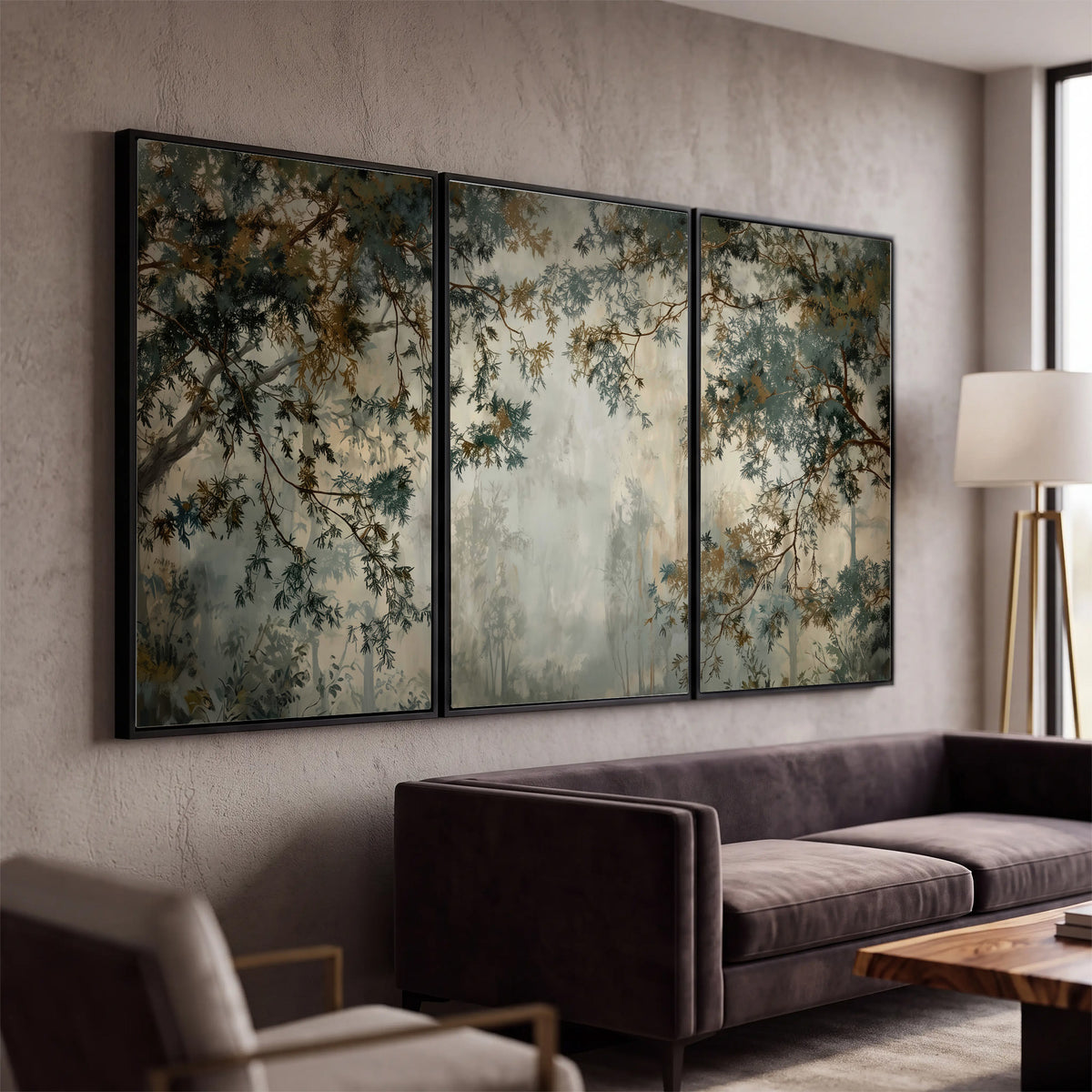Overhanging branches framing a misty woodland clearing 3 piece framed canvas wall art displayed in a modern living room