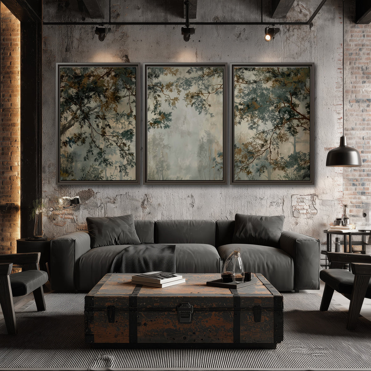 Overhanging branches framing a misty woodland clearing 3 piece framed canvas wall art displayed in a industrial room