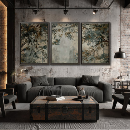 Overhanging branches framing a misty woodland clearing 3 piece framed canvas wall art displayed in a industrial room