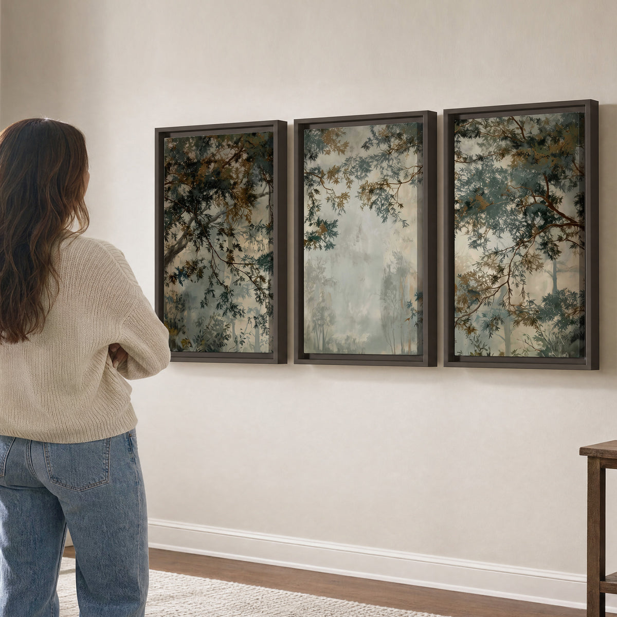 Overhanging branches framing a misty woodland clearing 3 piece framed canvas wall art three panel arrangement on a wall