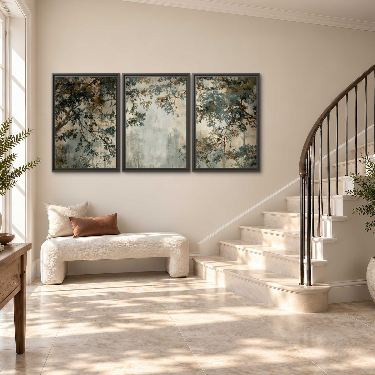 Overhanging branches framing a misty woodland clearing 3 piece framed canvas wall art styled in an interior