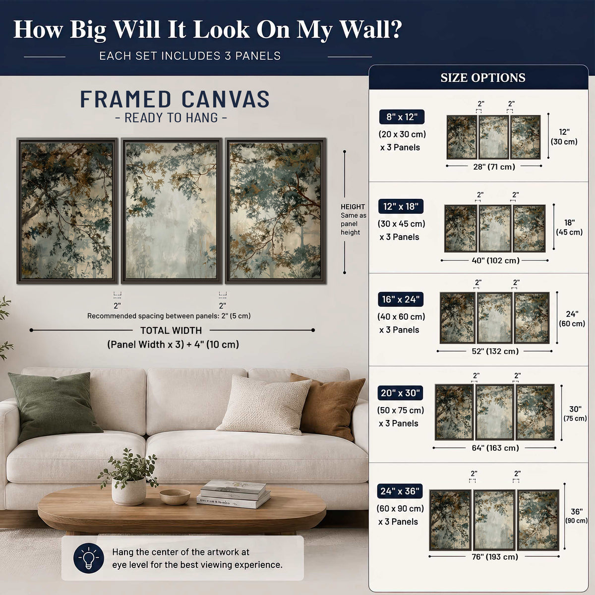 Overhanging branches framing a misty woodland clearing 3 piece framed canvas wall art size guide above a sofa; room view is illustrative