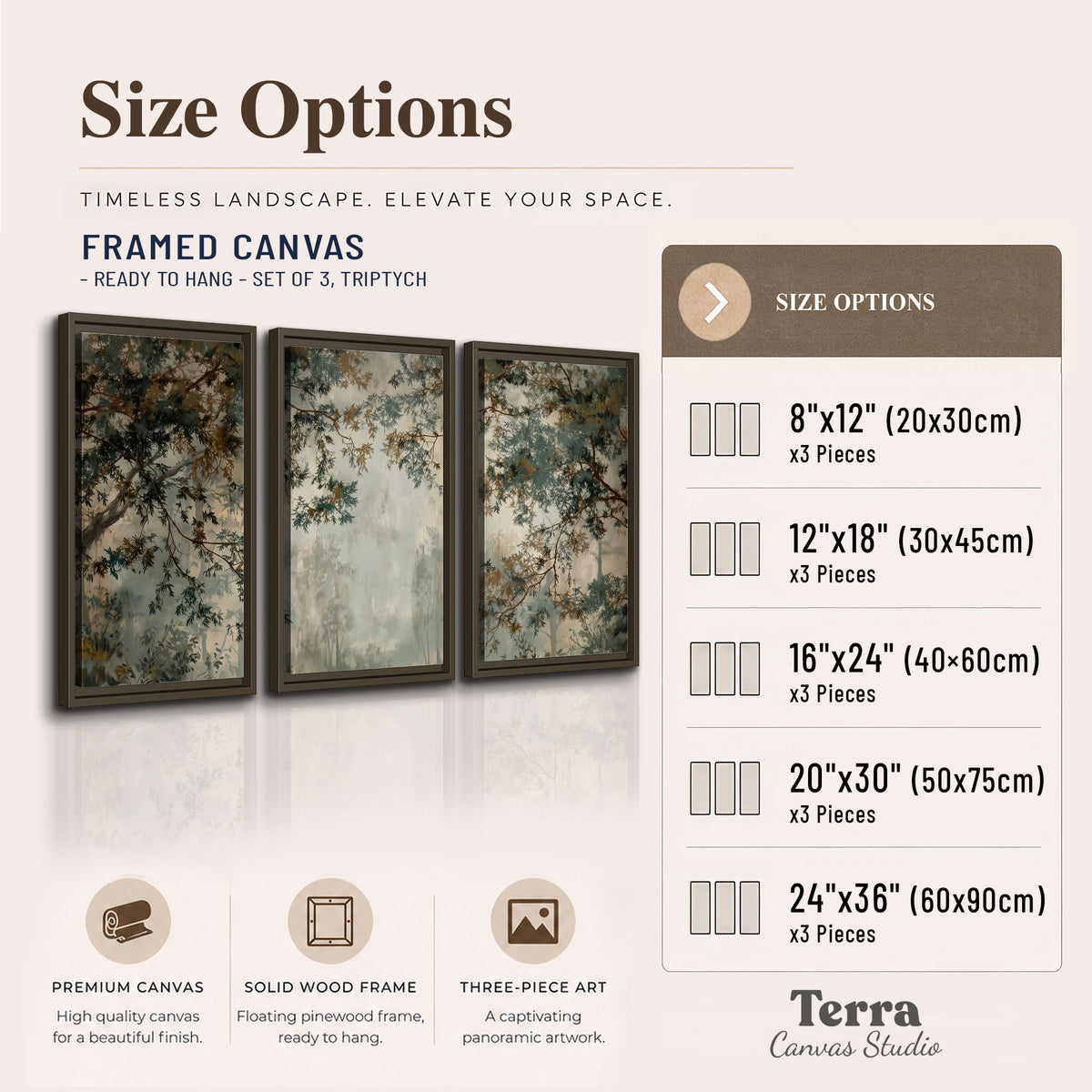 Overhanging branches framing a misty woodland clearing 3 piece framed canvas wall art available dimensions; triptych dimensions are per panel