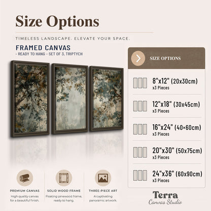 Overhanging branches framing a misty woodland clearing 3 piece framed canvas wall art available dimensions; triptych dimensions are per panel