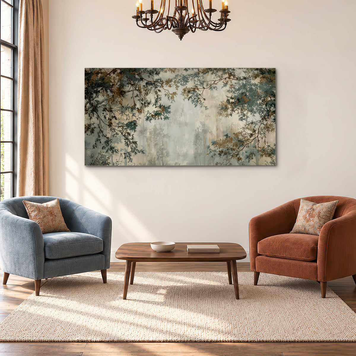 Overhanging branches framing a misty woodland clearing single canvas wall art styled in an interior