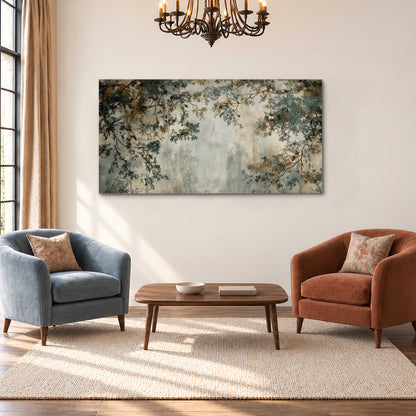 Overhanging branches framing a misty woodland clearing single canvas wall art styled in an interior