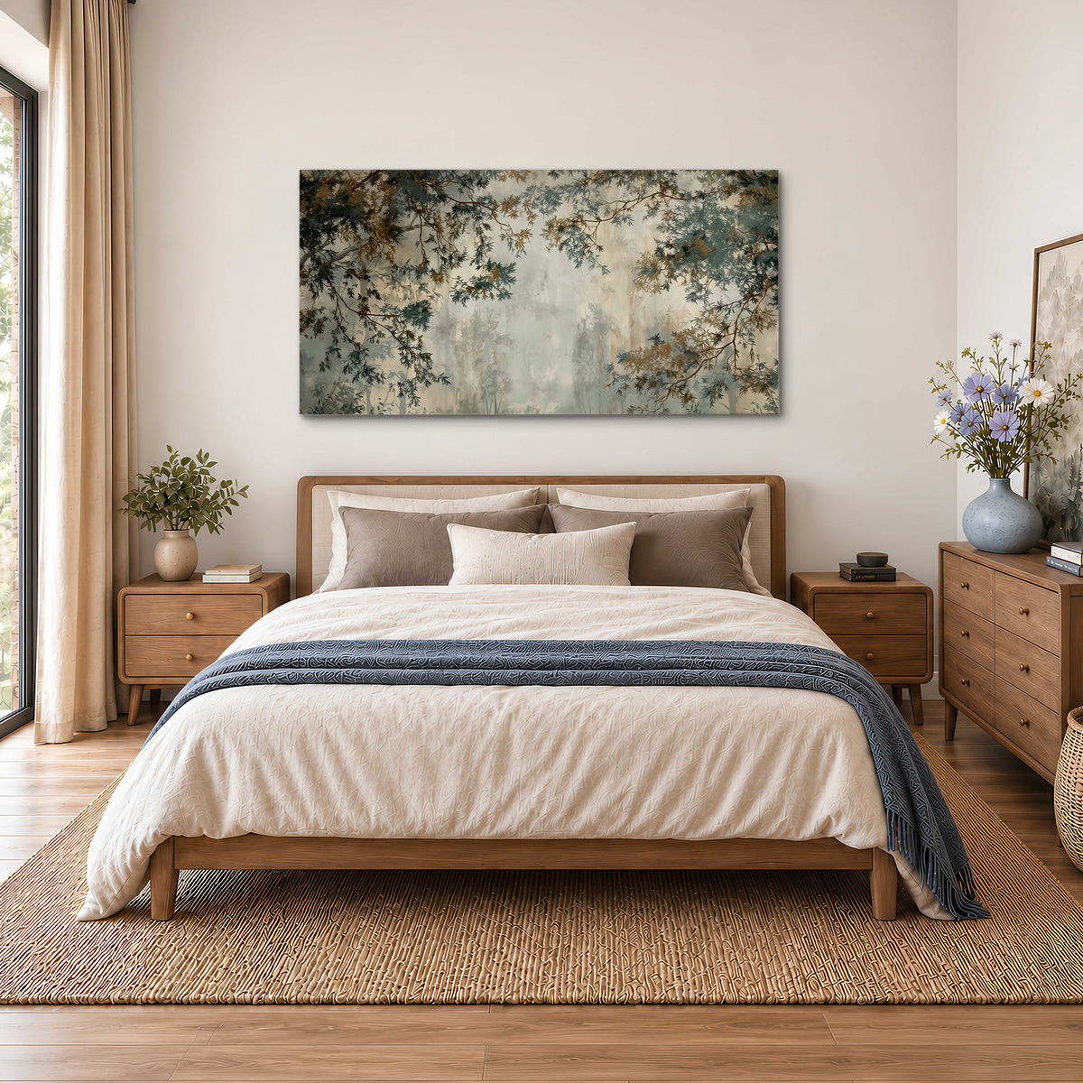 Overhanging branches framing a misty woodland clearing single canvas wall art styled in an interior