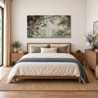 Overhanging branches framing a misty woodland clearing single canvas wall art styled in an interior