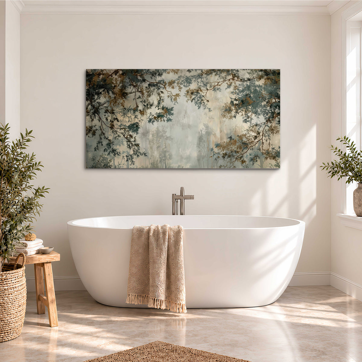 Overhanging branches framing a misty woodland clearing single canvas wall art styled in an interior