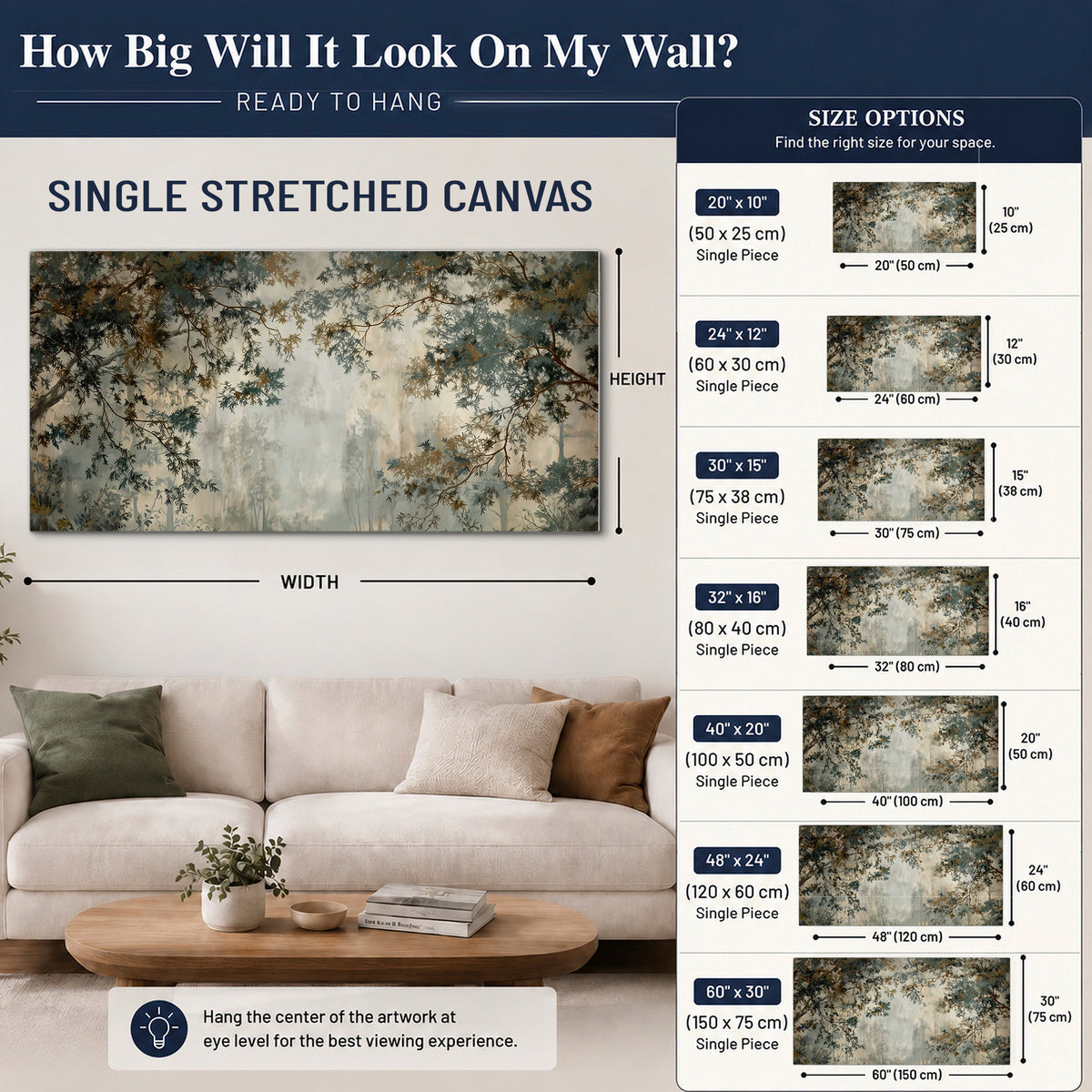Overhanging branches framing a misty woodland clearing single canvas wall art size guide above a sofa; room view is illustrative