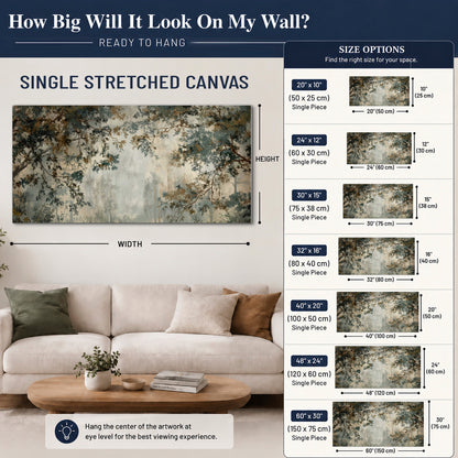 Overhanging branches framing a misty woodland clearing single canvas wall art size guide above a sofa; room view is illustrative