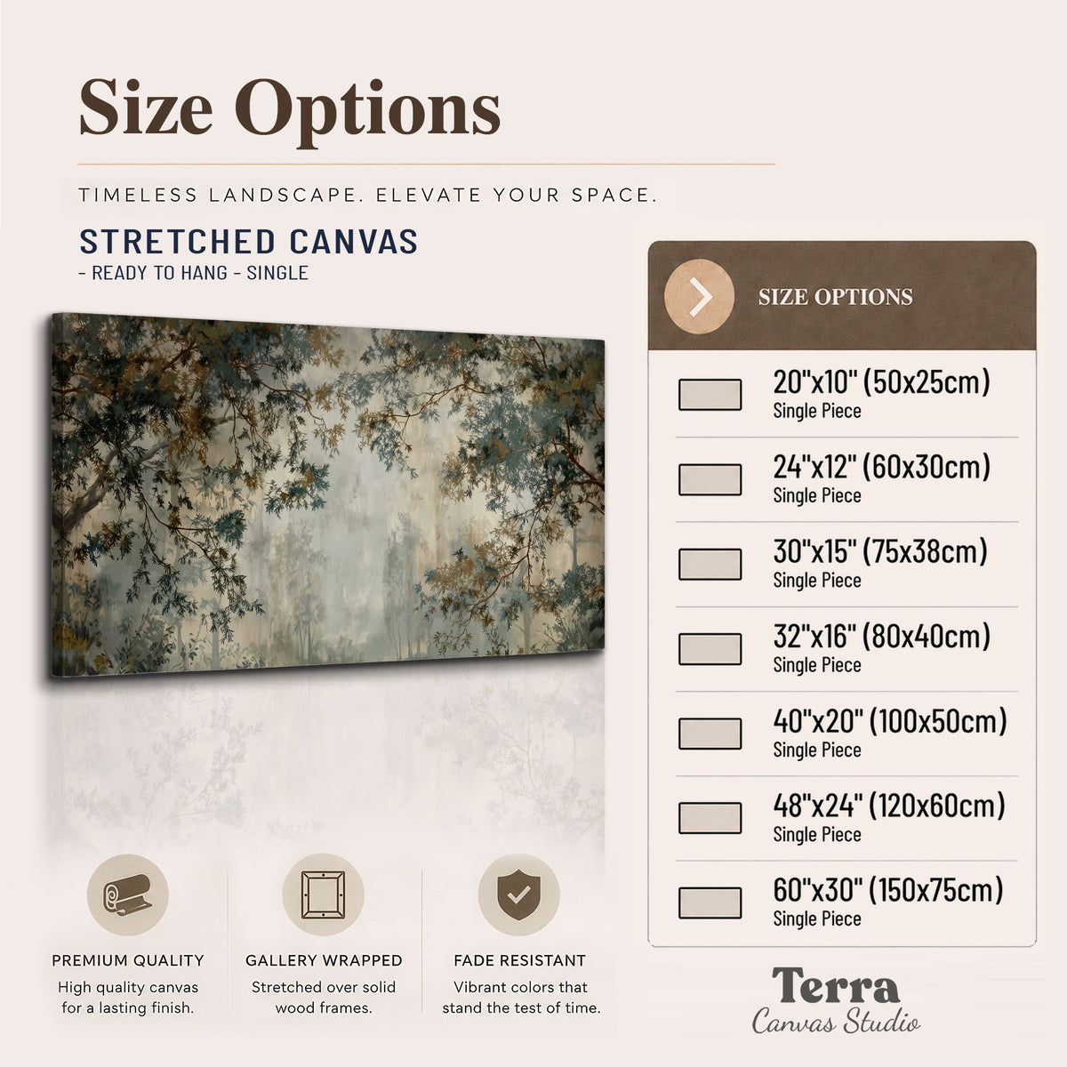 Overhanging branches framing a misty woodland clearing single canvas wall art available dimensions