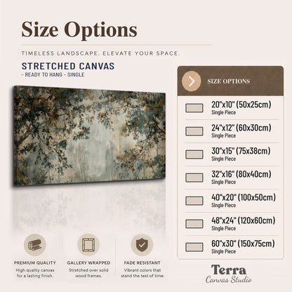 Overhanging branches framing a misty woodland clearing single canvas wall art available dimensions