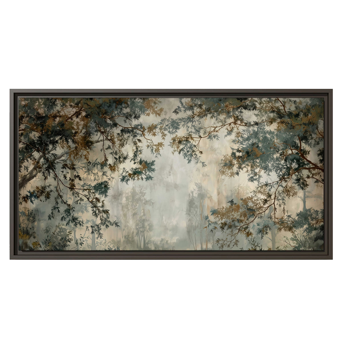 Overhanging branches framing a misty woodland clearing single framed canvas wall art viewed straight on