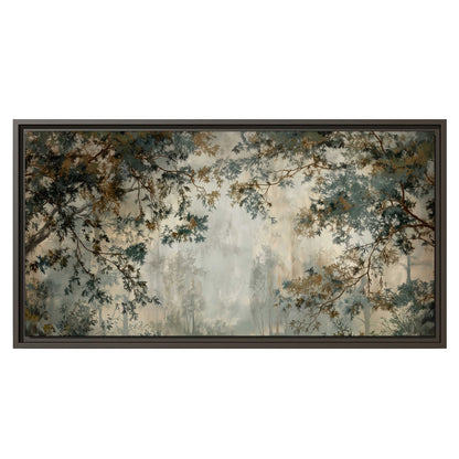 Overhanging branches framing a misty woodland clearing single framed canvas wall art viewed straight on