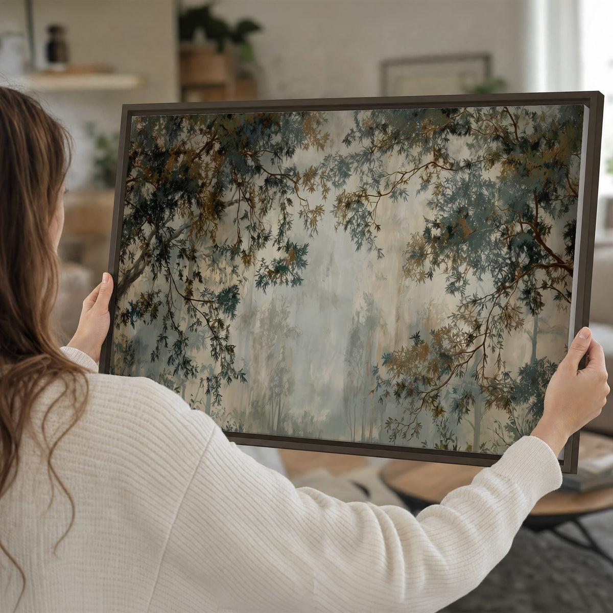 Overhanging branches framing a misty woodland clearing single framed canvas wall art held in hands