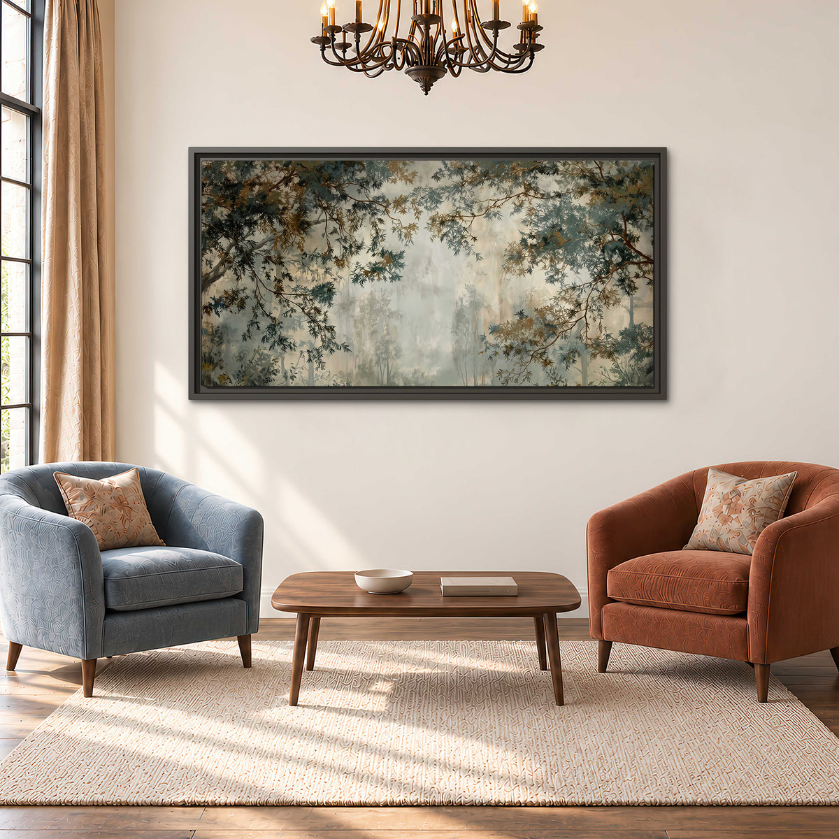 Overhanging branches framing a misty woodland clearing single framed canvas wall art styled in an interior
