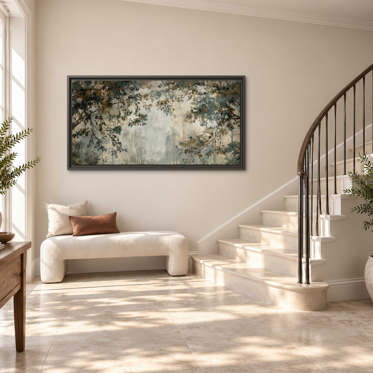 Overhanging branches framing a misty woodland clearing single framed canvas wall art styled in an interior