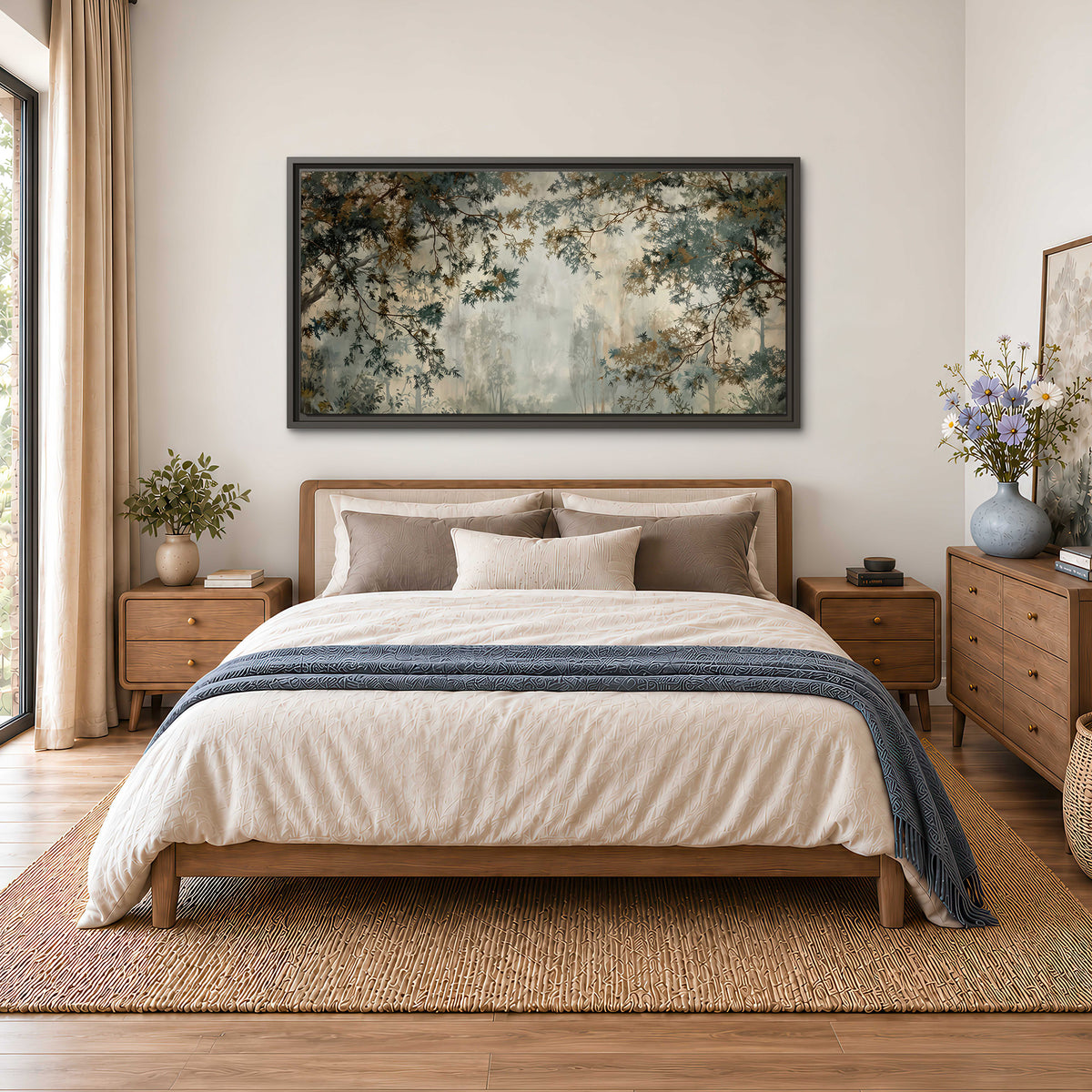 Overhanging branches framing a misty woodland clearing single framed canvas wall art styled in an interior