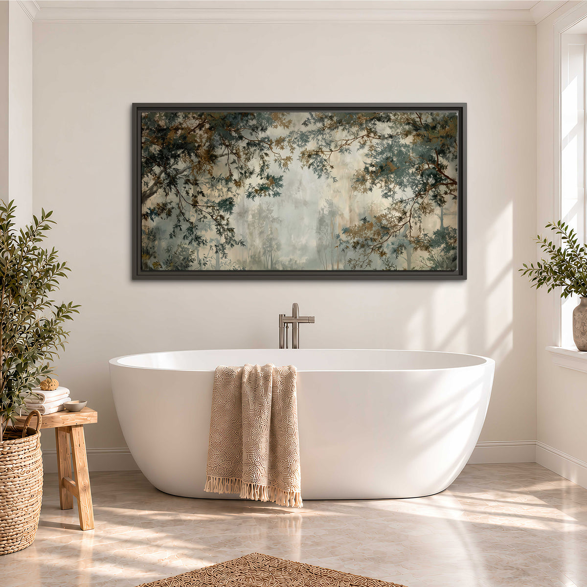 Overhanging branches framing a misty woodland clearing single framed canvas wall art styled in an interior