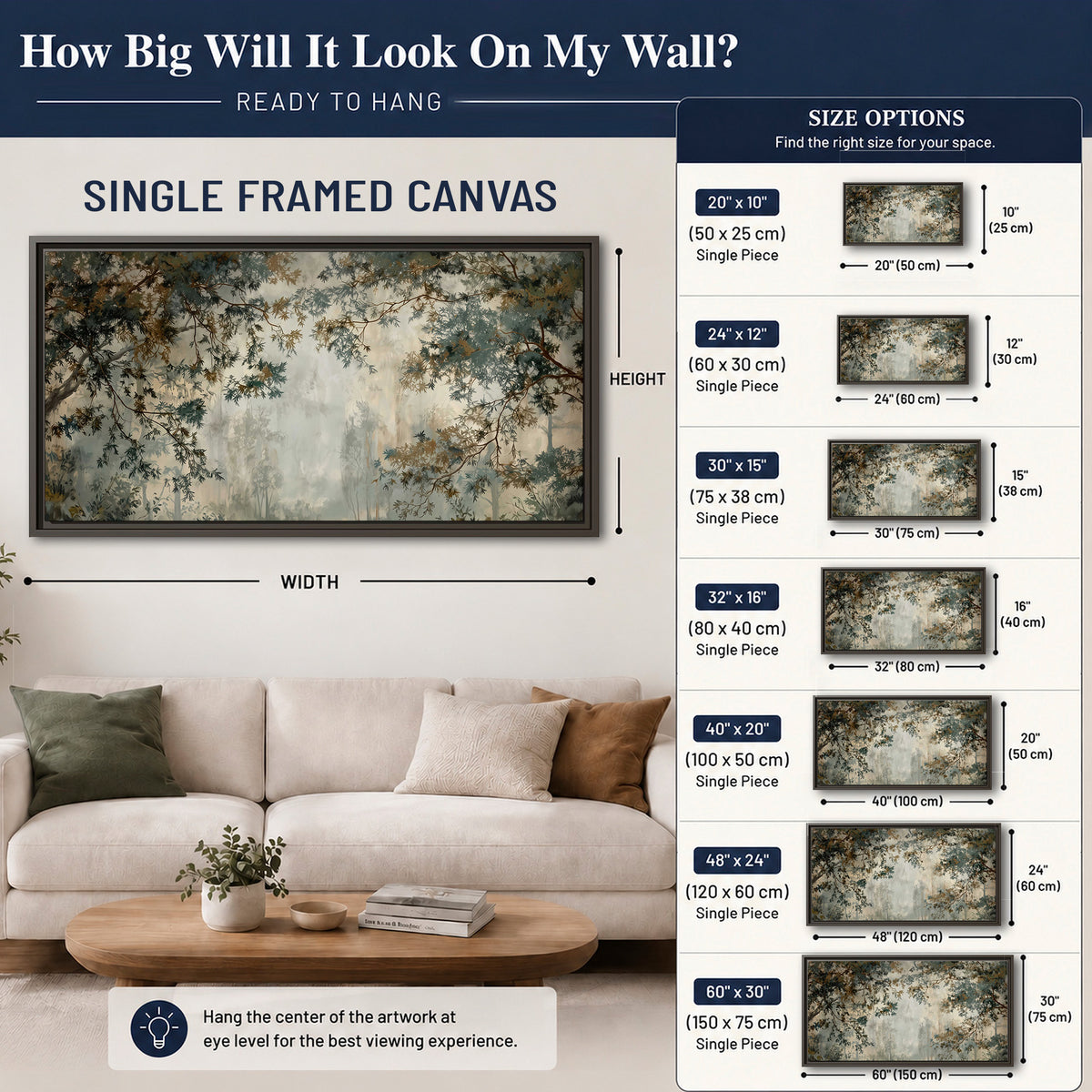 Overhanging branches framing a misty woodland clearing single framed canvas wall art size guide above a sofa; room view is illustrative