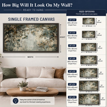 Overhanging branches framing a misty woodland clearing single framed canvas wall art size guide above a sofa; room view is illustrative