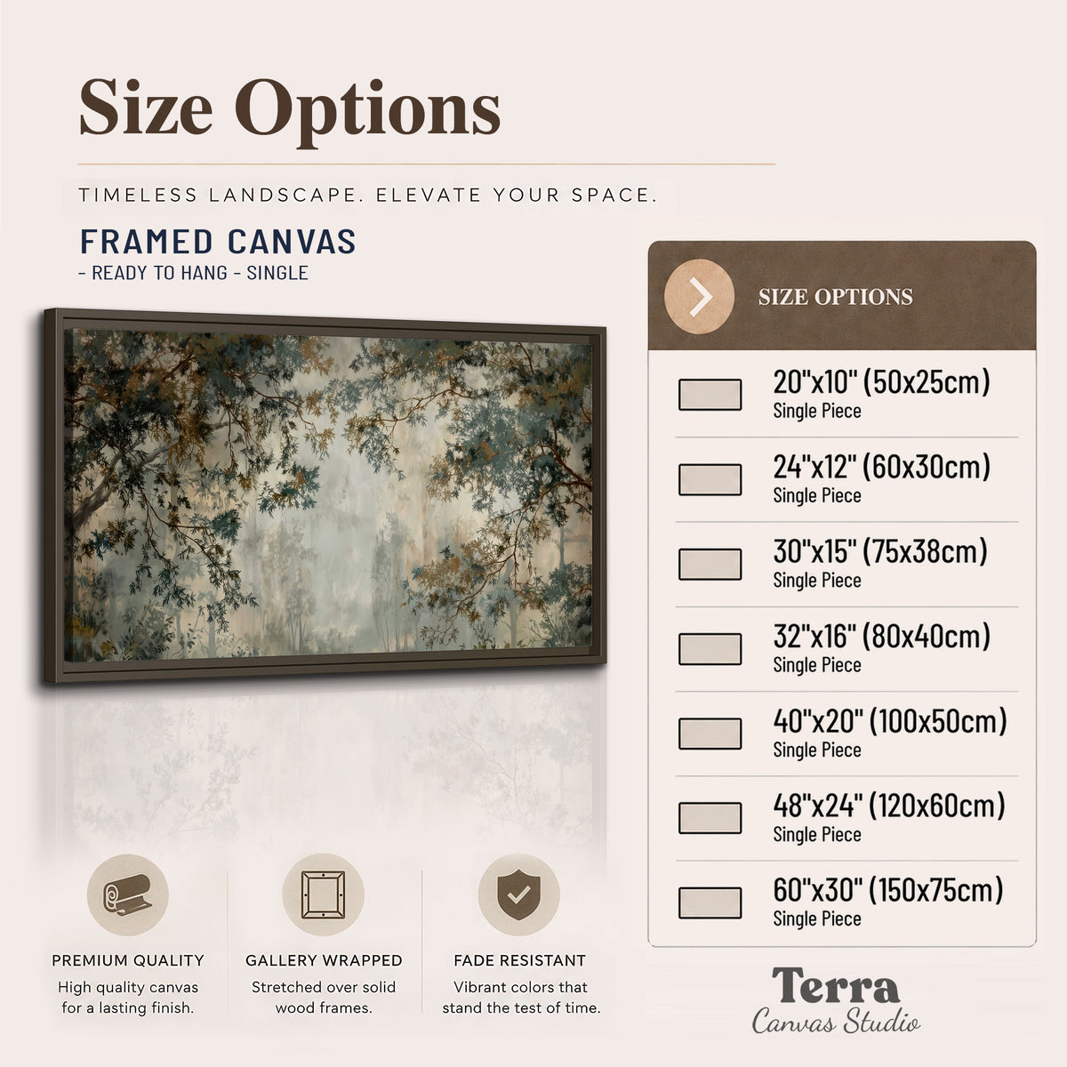 Overhanging branches framing a misty woodland clearing single framed canvas wall art available dimensions
