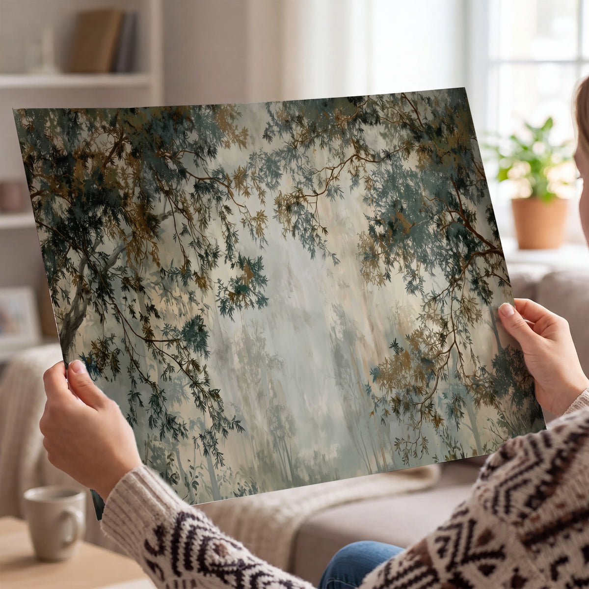 Overhanging branches framing a misty woodland clearing single poster print held in hands