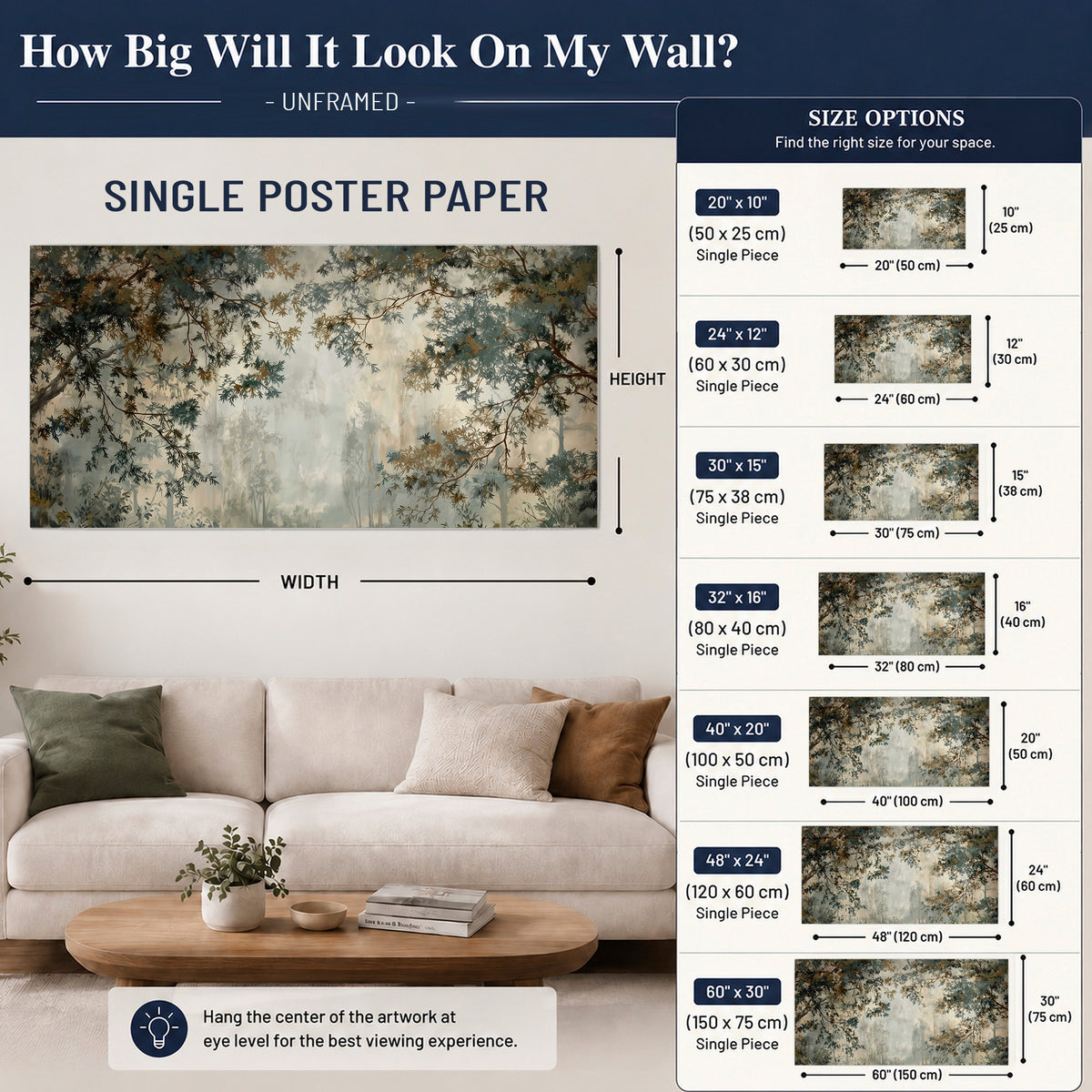 Overhanging branches framing a misty woodland clearing single poster print size guide above a sofa; room view is illustrative
