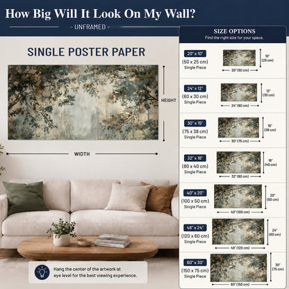 Overhanging branches framing a misty woodland clearing single poster print size guide above a sofa; room view is illustrative