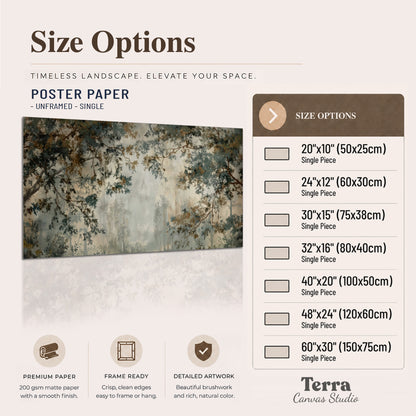Overhanging branches framing a misty woodland clearing single poster print available dimensions