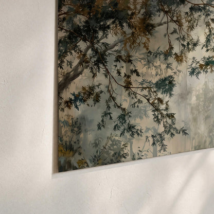 Overhanging branches framing a misty woodland clearing set of 3 poster prints material and edge close up