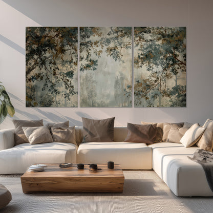 Overhanging branches framing a misty woodland clearing set of 3 poster prints displayed in a living room