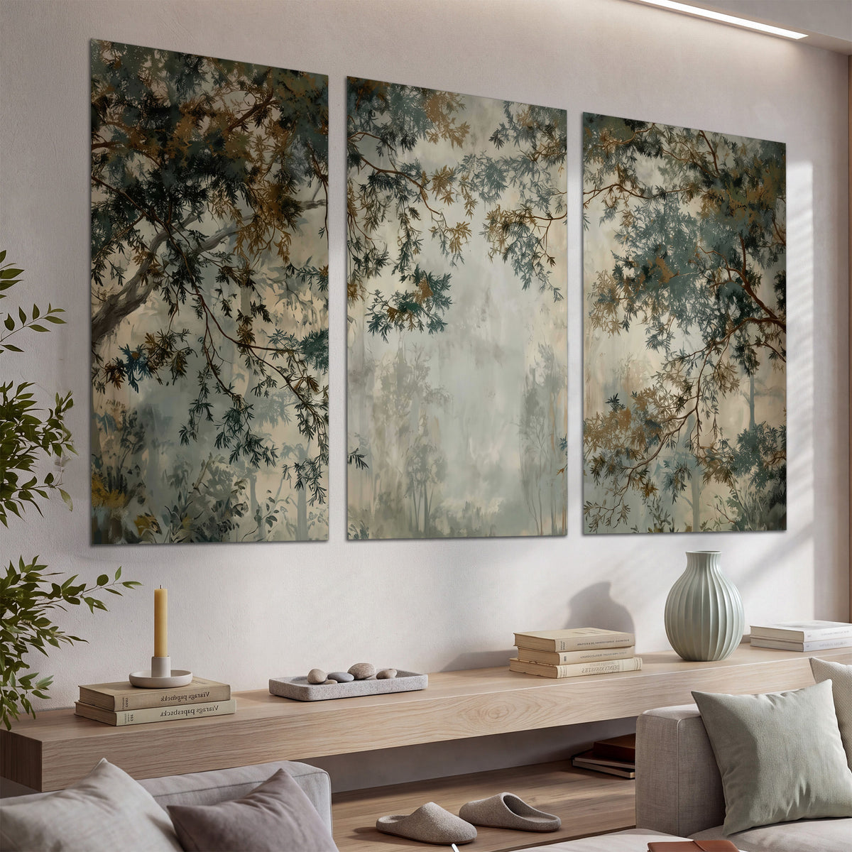 Overhanging branches framing a misty woodland clearing set of 3 poster prints displayed in a console