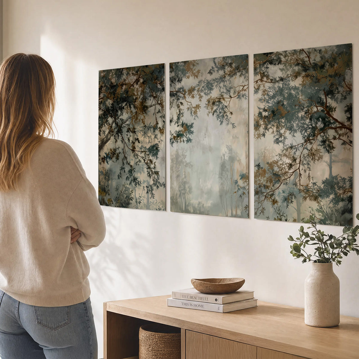 Overhanging branches framing a misty woodland clearing set of 3 poster prints three panel arrangement on a wall