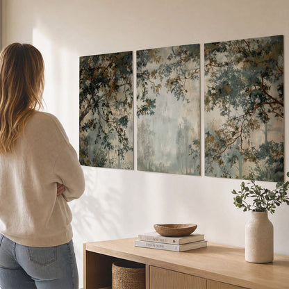 Overhanging branches framing a misty woodland clearing set of 3 poster prints three panel arrangement on a wall