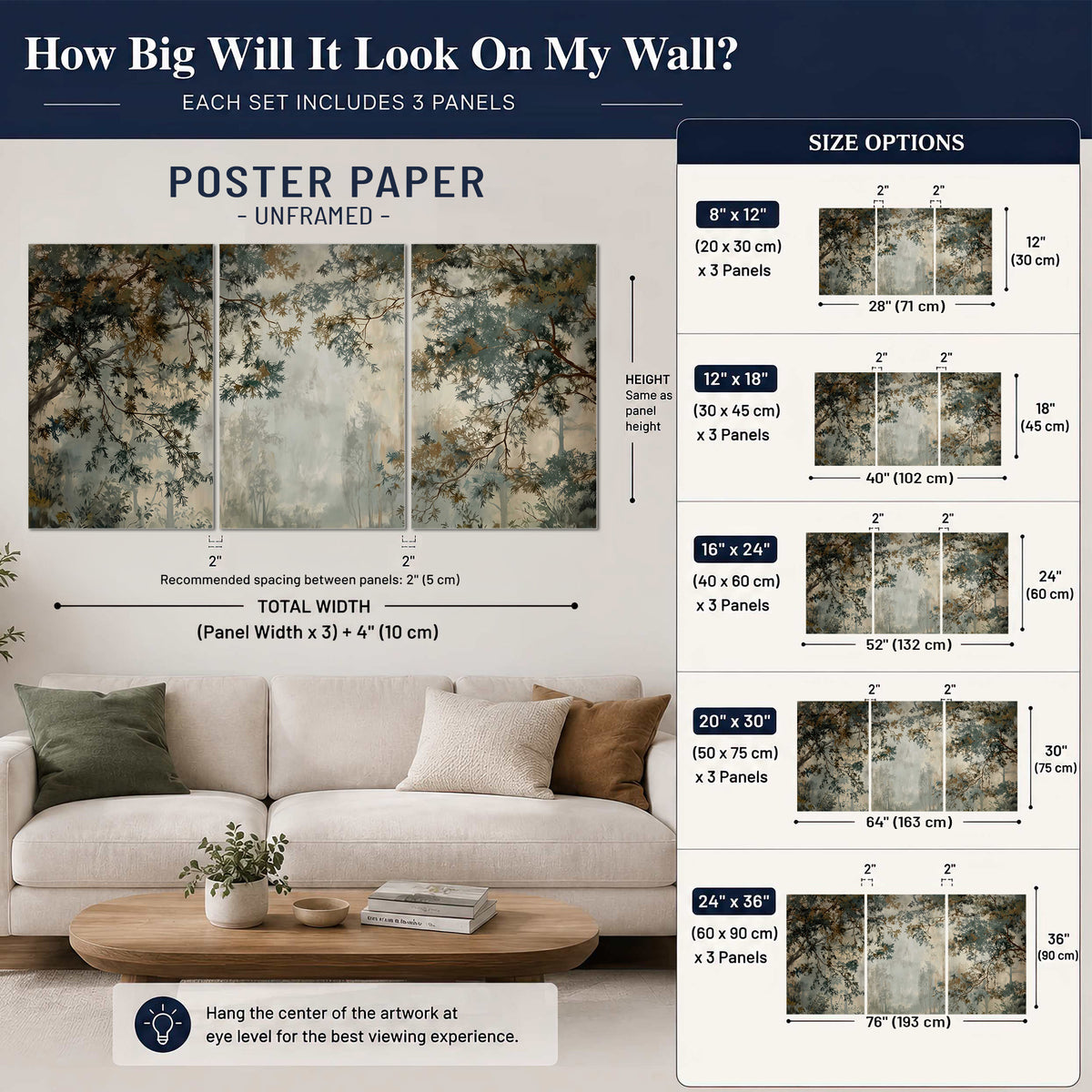 Overhanging branches framing a misty woodland clearing set of 3 poster prints size guide above a sofa; room view is illustrative