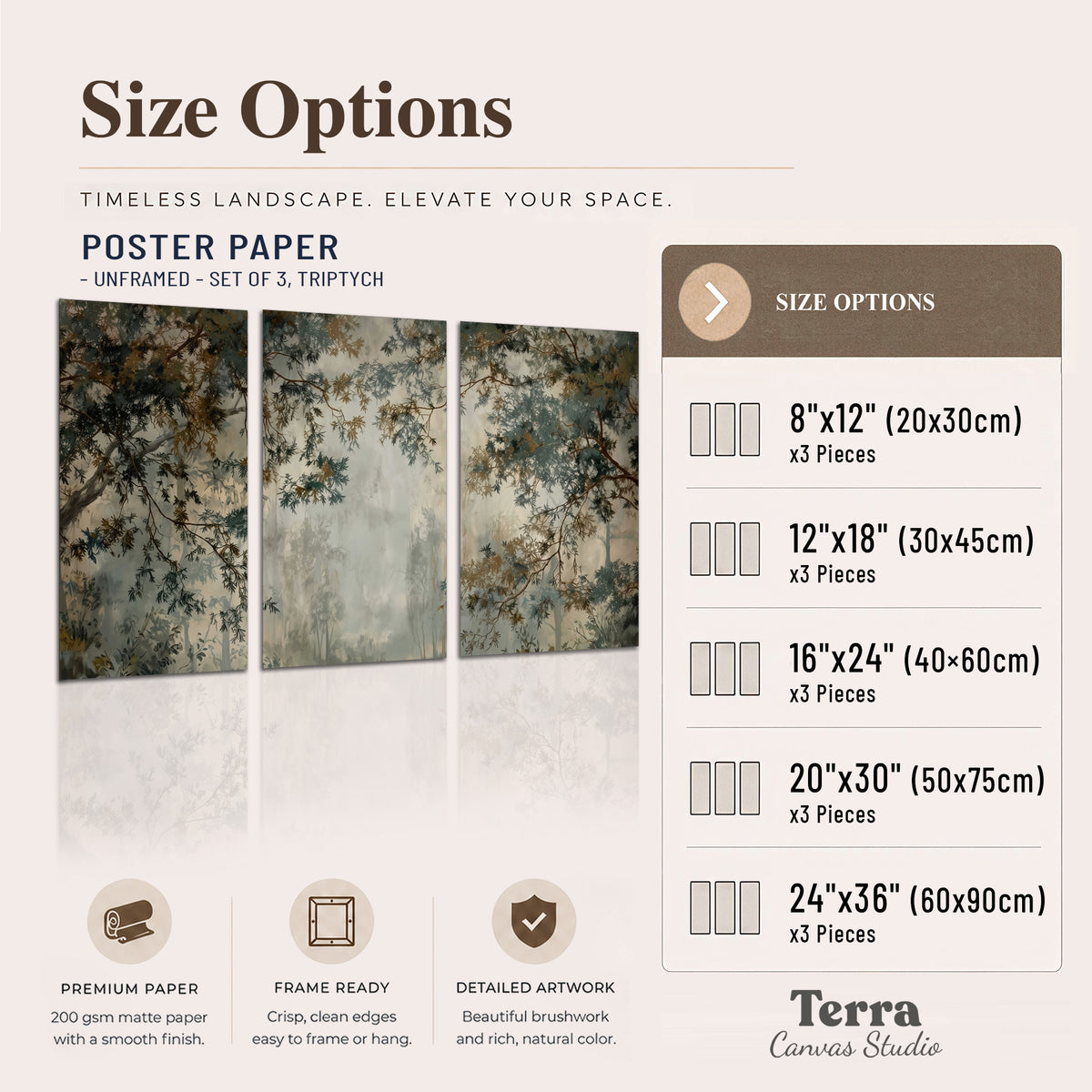 Overhanging branches framing a misty woodland clearing set of 3 poster prints available dimensions; triptych dimensions are per panel