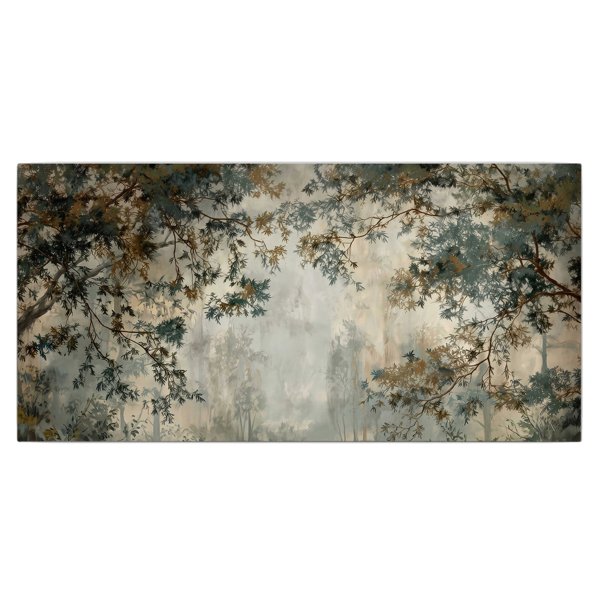 Overhanging branches framing a misty woodland clearing single canvas wall art viewed straight on