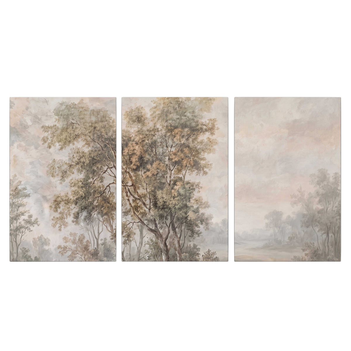 Delicate golden foliage and a hazy pastel countryside 3 piece canvas wall art viewed straight on