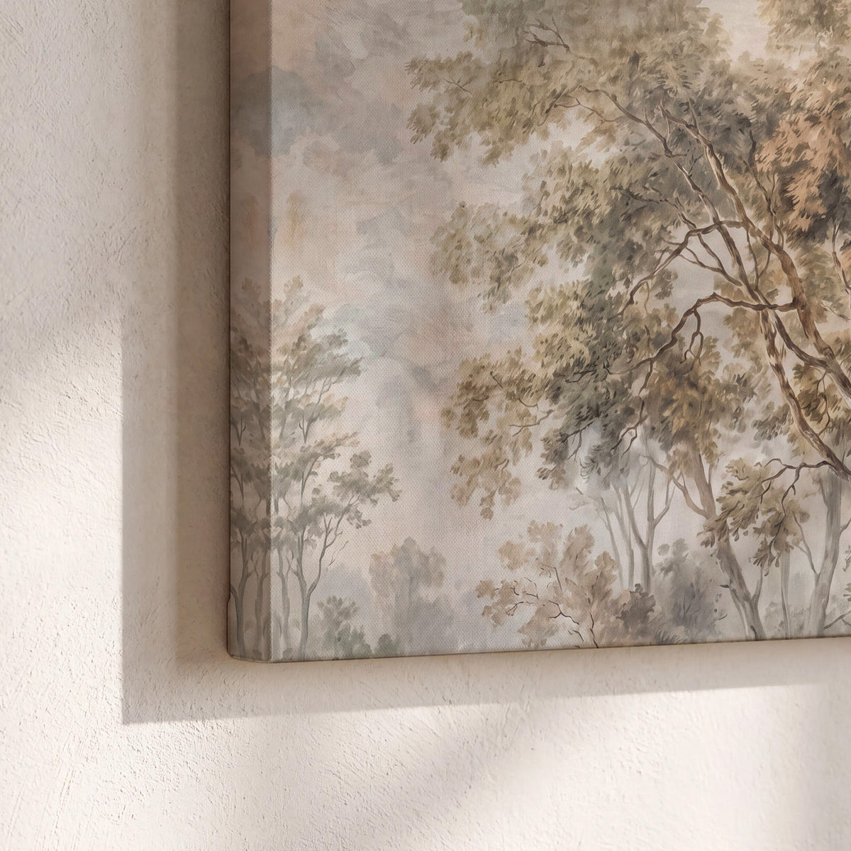Delicate golden foliage and a hazy pastel countryside 3 piece canvas wall art material and edge close up