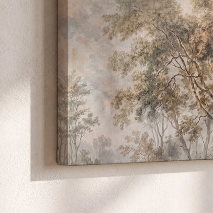 Delicate golden foliage and a hazy pastel countryside 3 piece canvas wall art material and edge close up