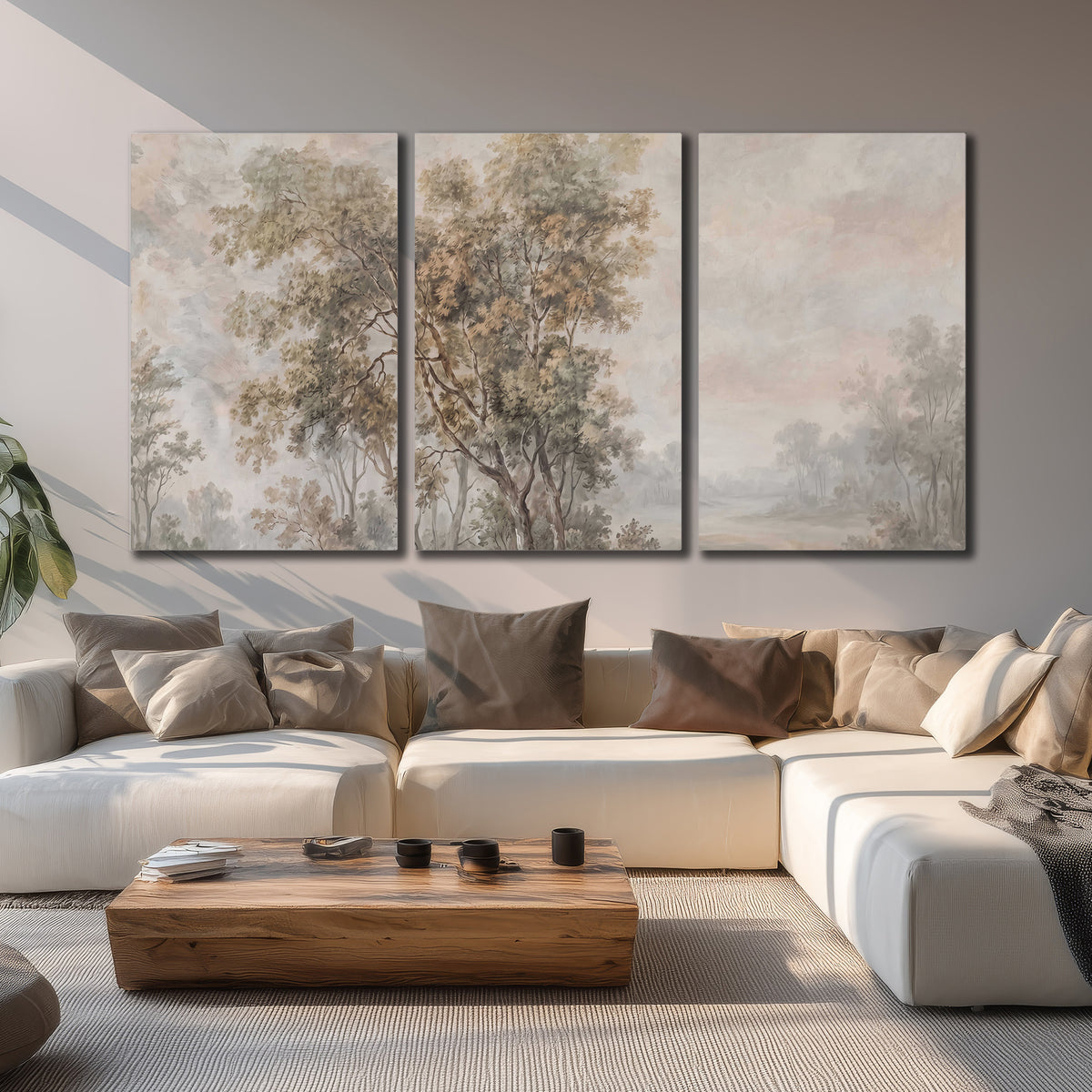 Delicate golden foliage and a hazy pastel countryside 3 piece canvas wall art displayed in a living room