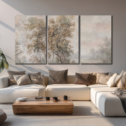 Delicate golden foliage and a hazy pastel countryside 3 piece canvas wall art displayed in a living room