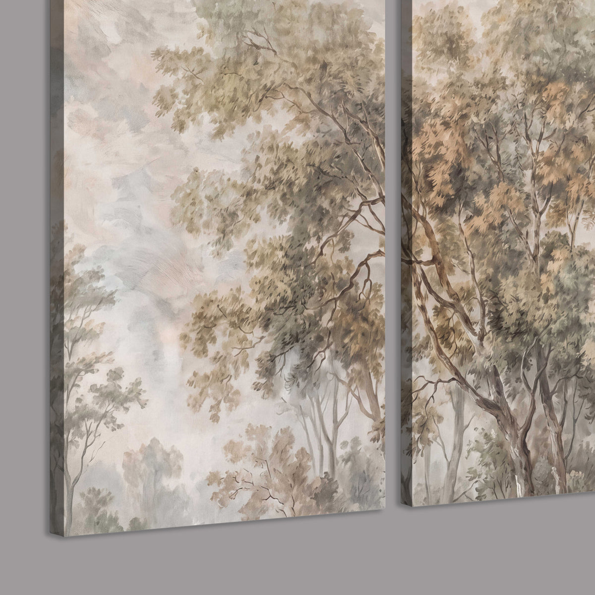 Delicate golden foliage and a hazy pastel countryside 3 piece canvas wall art room and product view