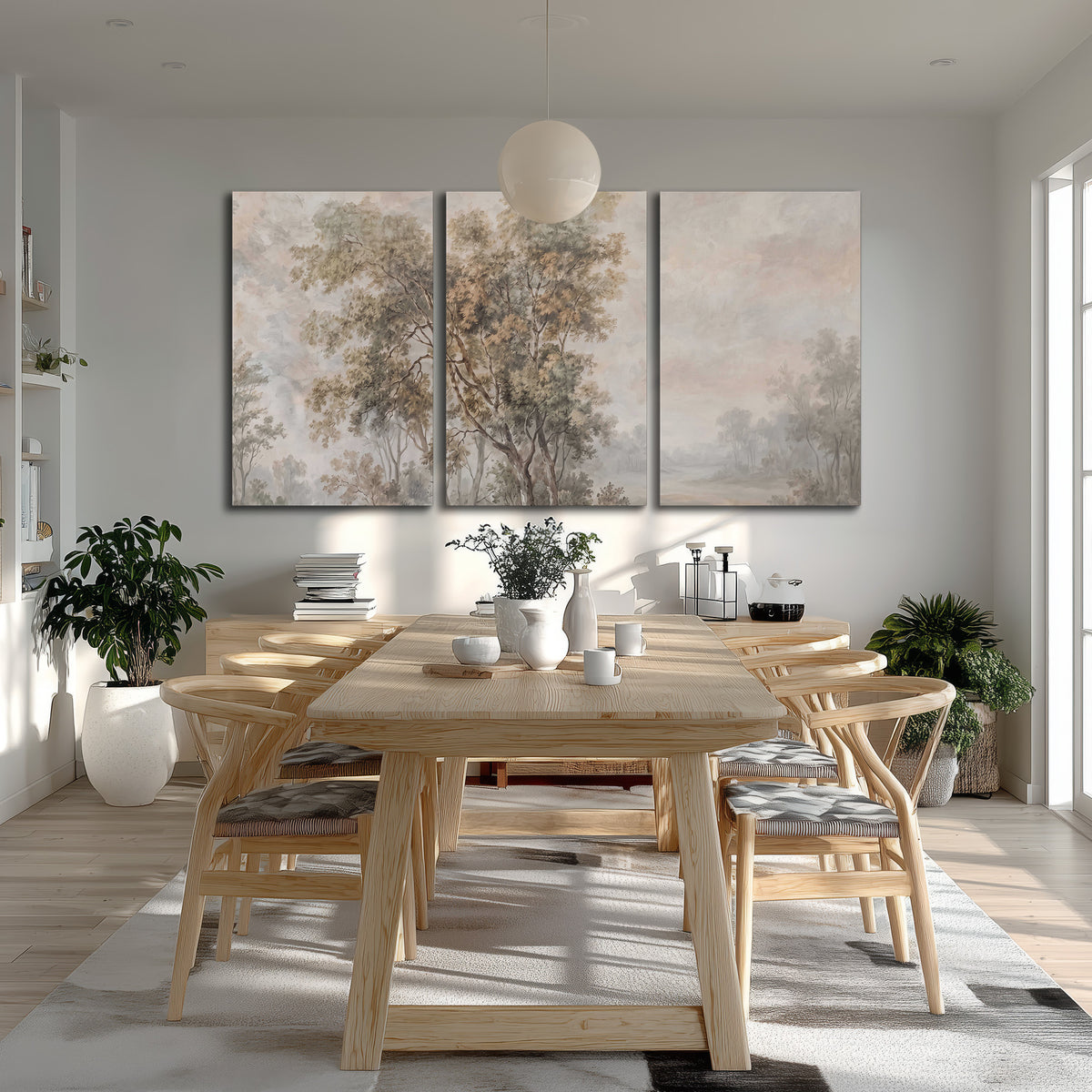 Delicate golden foliage and a hazy pastel countryside 3 piece canvas wall art room and product view