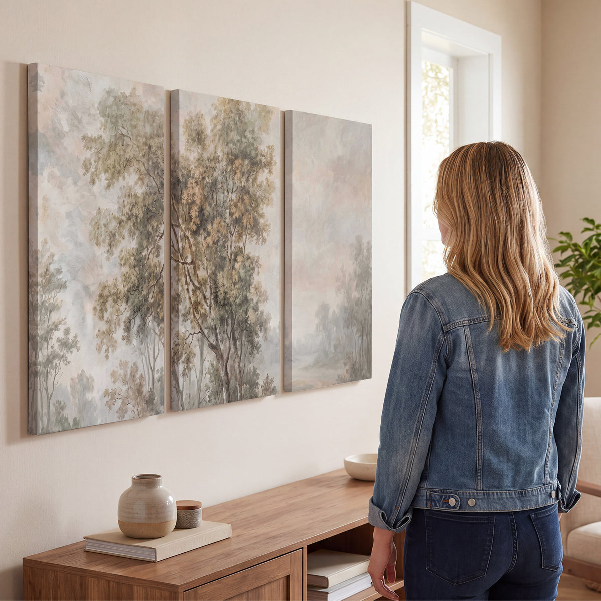 Delicate golden foliage and a hazy pastel countryside 3 piece canvas wall art three panel arrangement on a wall