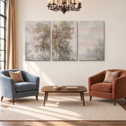 Delicate golden foliage and a hazy pastel countryside 3 piece canvas wall art styled in an interior